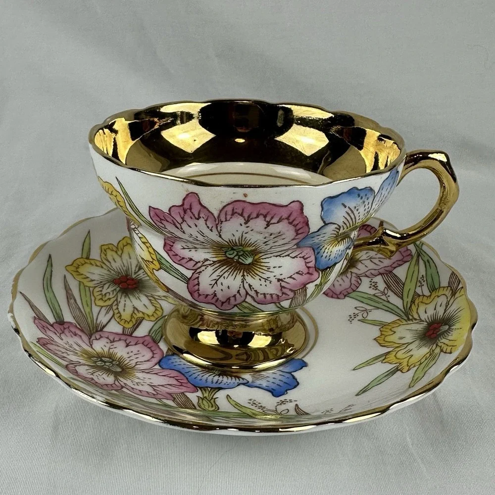 Rosina Bone China Teacup Saucer Set Gold Gilt Floral Cottagecore Grandmillennial
